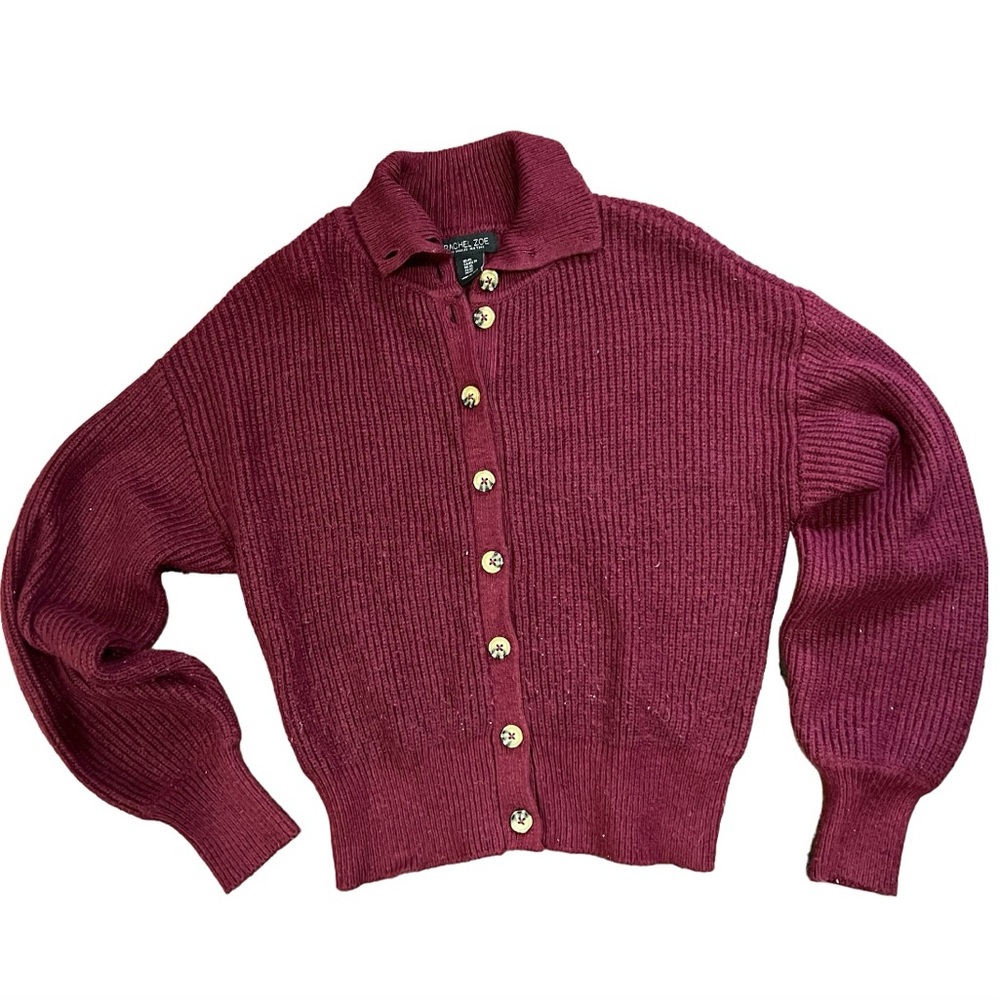 Rachel Zoe Burgundy Collared Button Front Cardigan Sweater Size XS